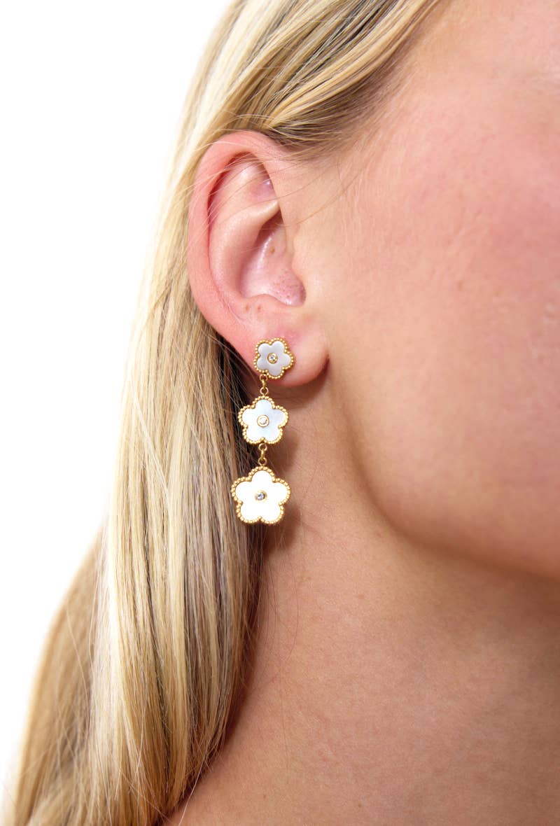 Clover Pendant Earrings - Stainless Steel - White with Gold