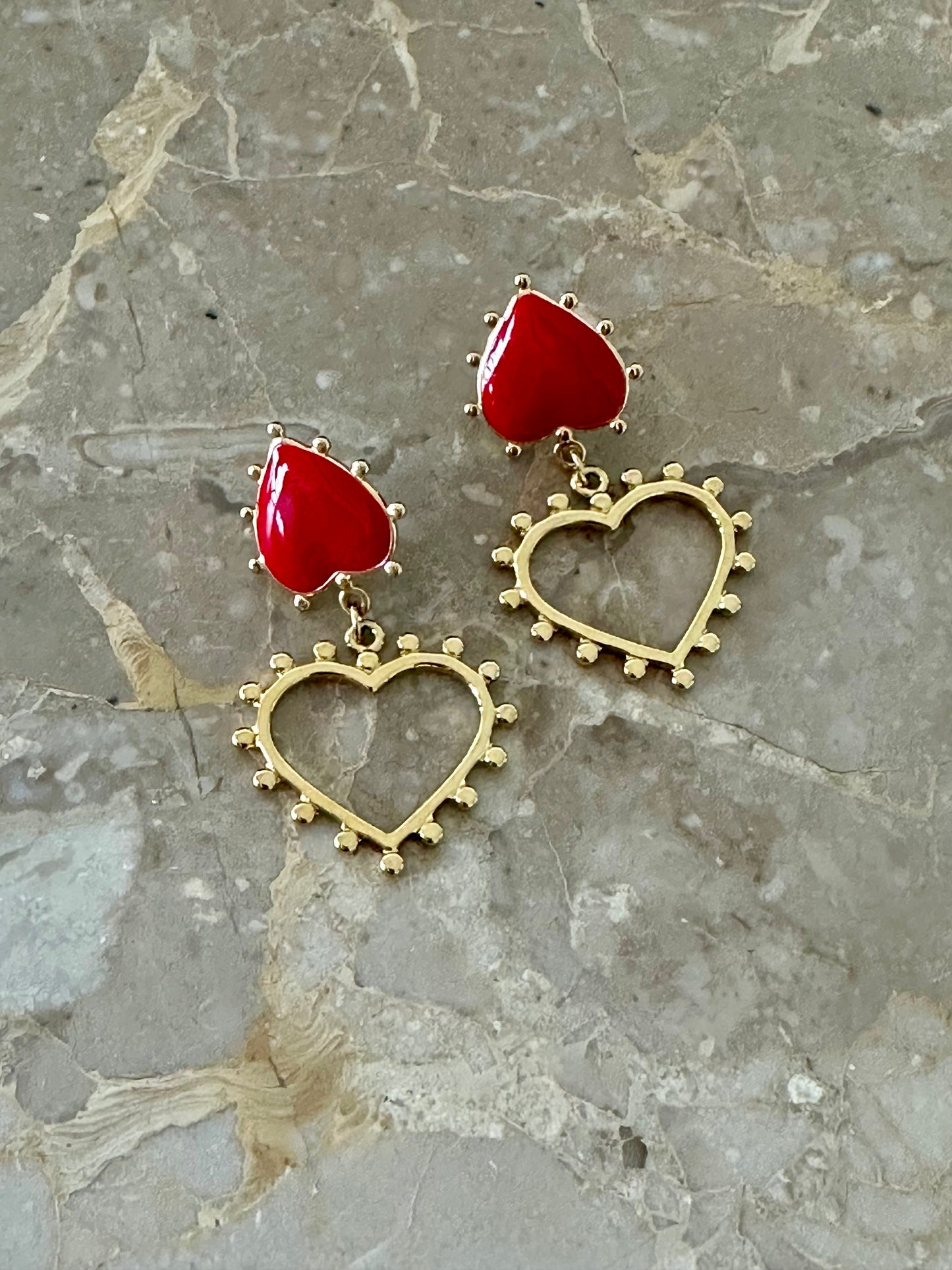 Rood-Goudkleurige Hartjes Oorbellen - Stainless Steel