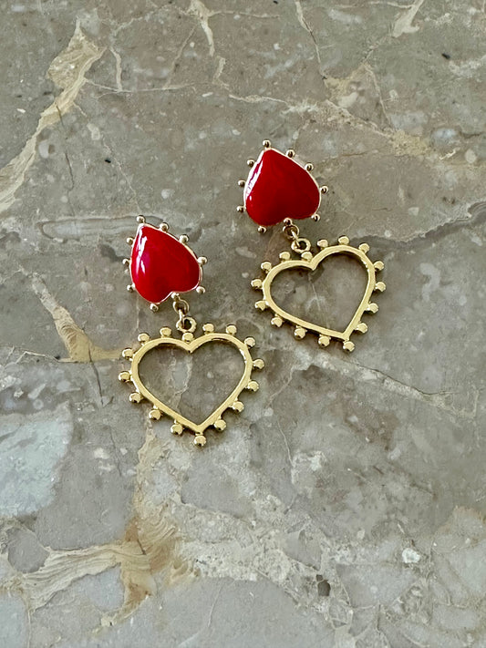 Rood-Goudkleurige Hartjes Oorbellen - Stainless Steel