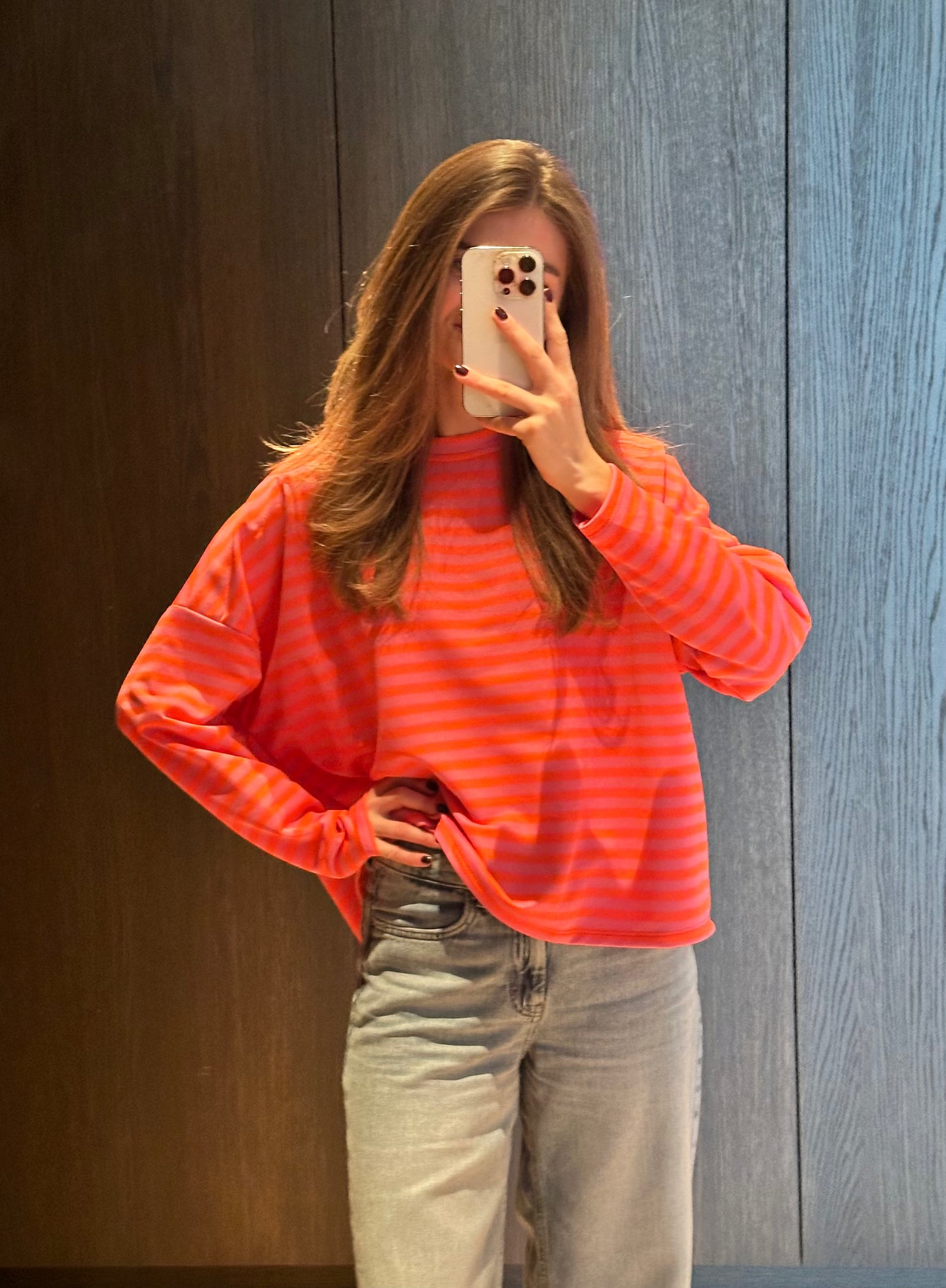 oranje roze gestreept shirt 