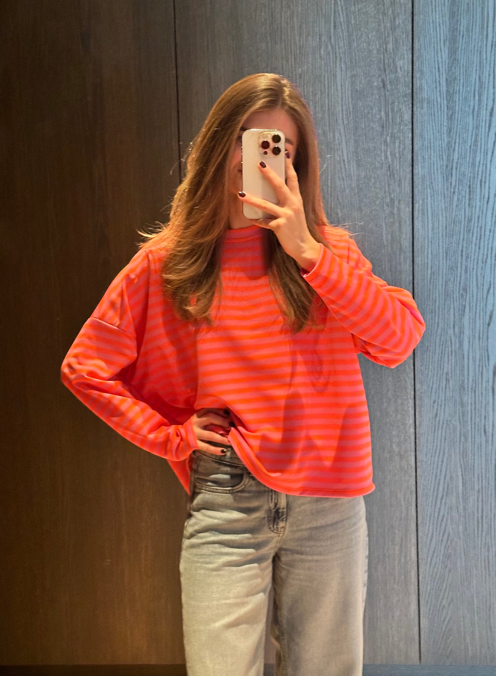 oranje roze gestreept shirt 