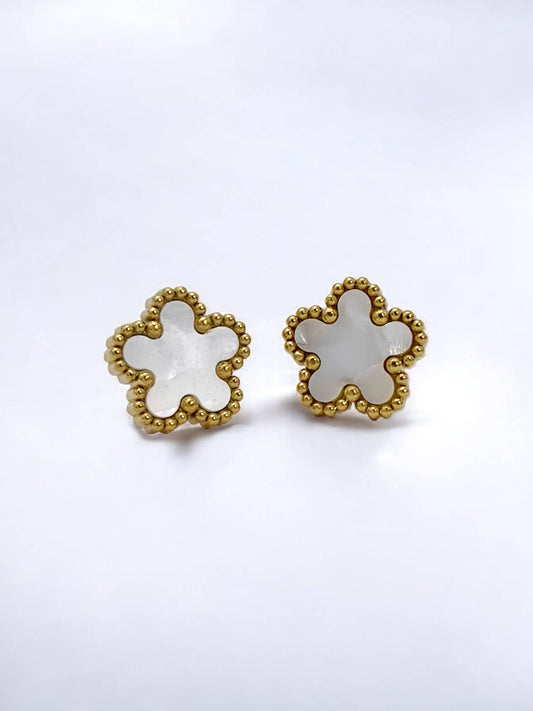Clover Stud Earrings - Stainless Steel - White with Gold