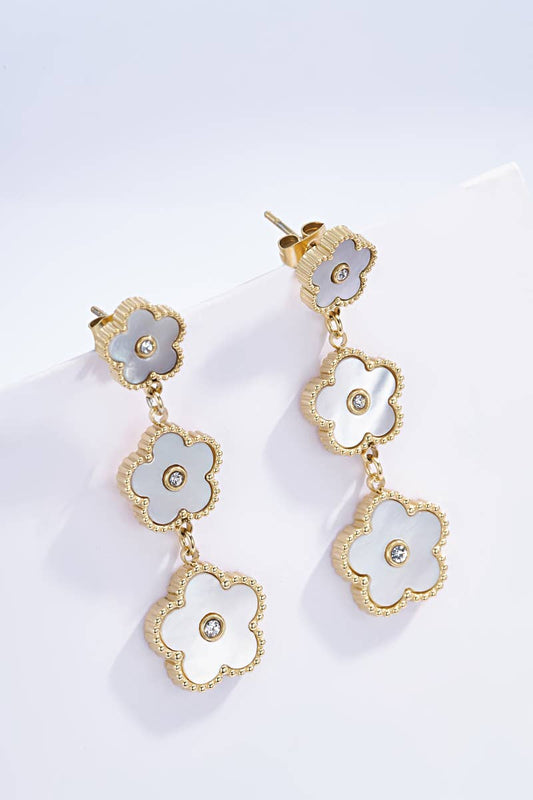 Clover Pendant Earrings - Stainless Steel - White with Gold